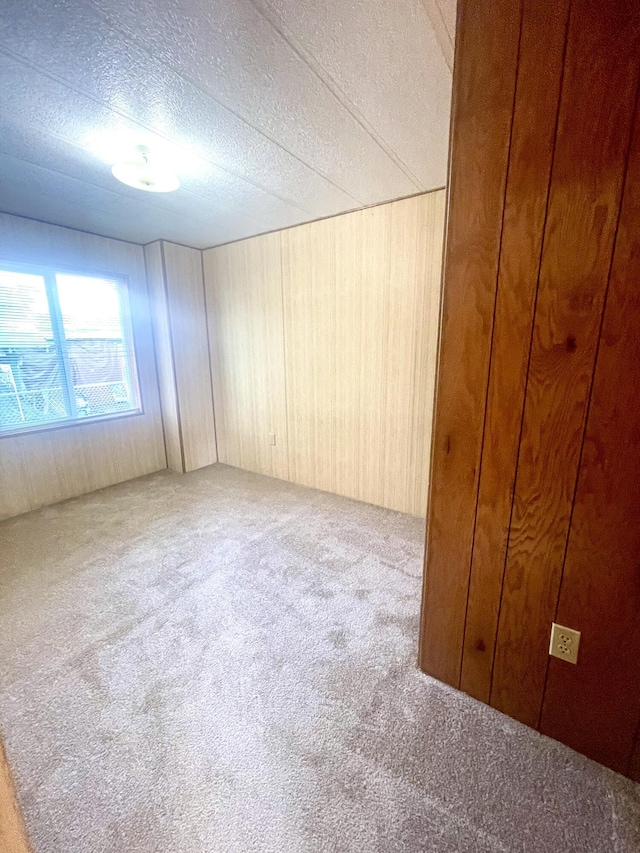 carpeted spare room with wooden walls