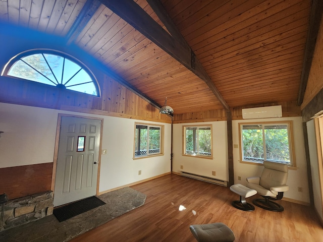 1612 Rickey Canyon Rd, Kettle Falls, WA 99141 - entryway with baseboard heating, a wall mounted AC, wood ceiling, and wood finished floors