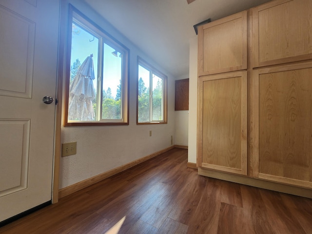 unfurnished bedroom featuring baseboards and dark wood-type flooring