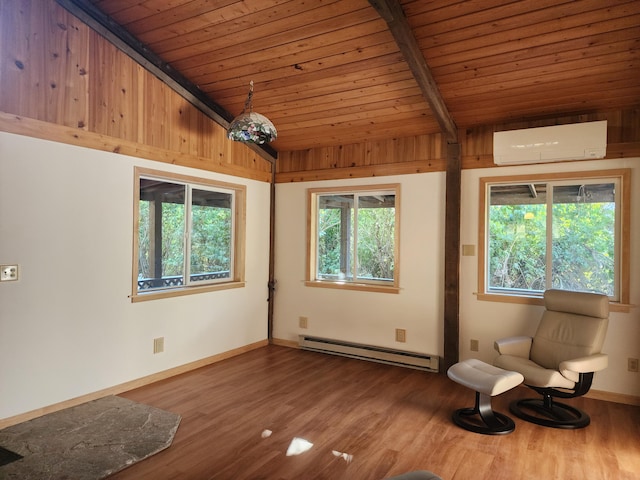 1612 Rickey Canyon Rd, Kettle Falls, WA 99141 - unfurnished room featuring a baseboard radiator, a wall mounted AC, wood ceiling, and wood finished floors