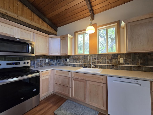 1612 Rickey Canyon Rd, Kettle Falls, WA 99141 - kitchen featuring stainless steel appliances, light brown cabinets, and wood ceiling