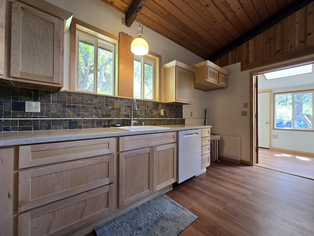 1612 Rickey Canyon Rd, Kettle Falls, WA 99141 - kitchen with white dishwasher, light brown cabinets, tasteful backsplash, wood ceiling, and wood finished floors