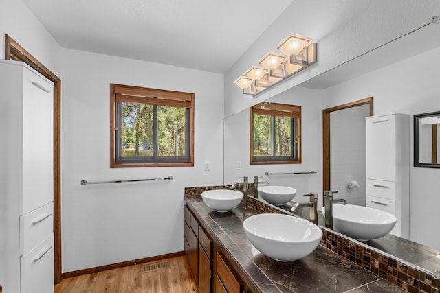 bathroom featuring wood-type flooring and vanity