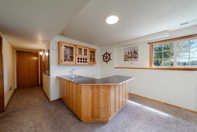 bar featuring indoor wet bar, light carpet, a sink, and baseboards