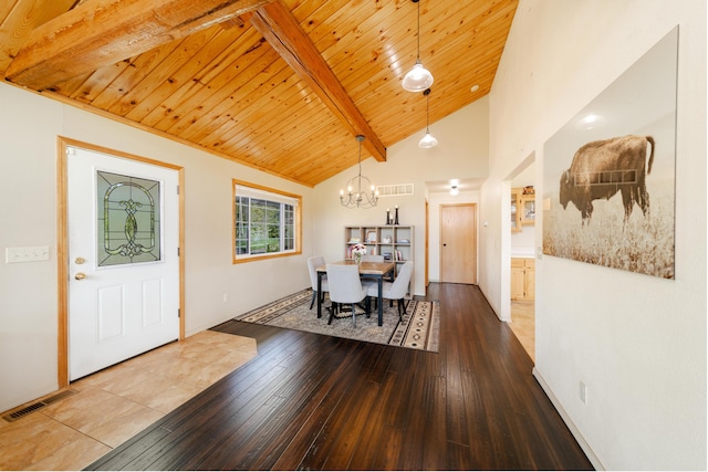 dining space featuring high vaulted ceiling, wood ceiling, visible vents, and wood finished floors