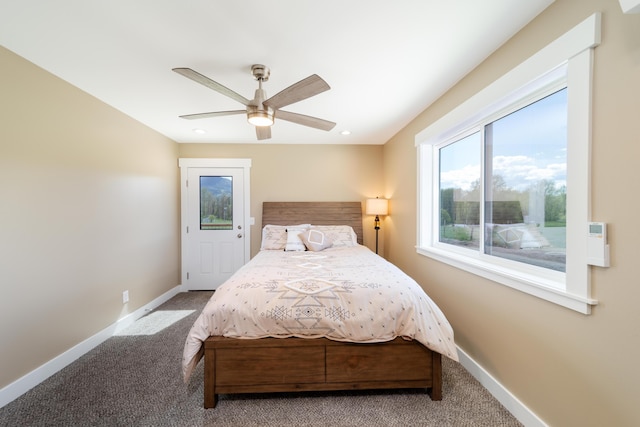 bedroom featuring carpet floors, recessed lighting, ceiling fan, and baseboards