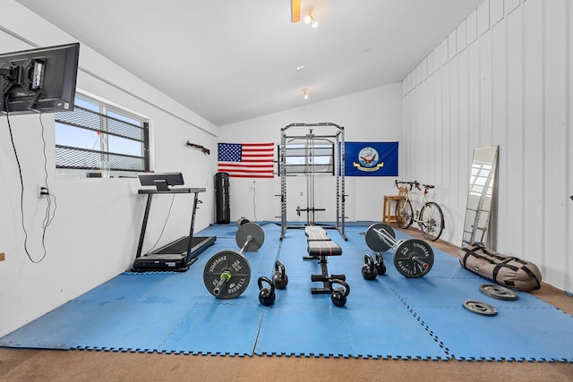 exercise area featuring vaulted ceiling