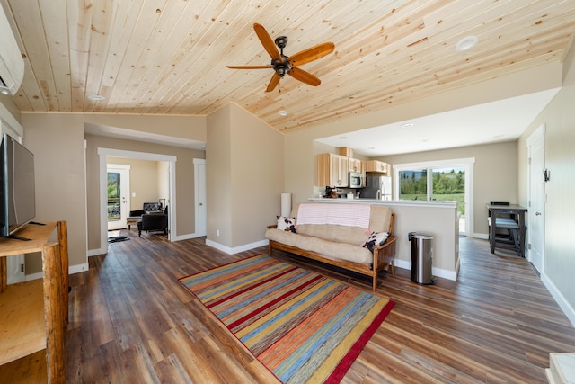 living area with lofted ceiling, wooden ceiling, and dark wood finished floors