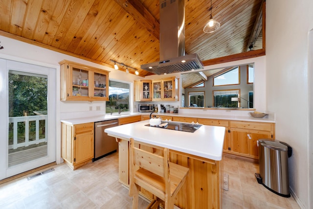 kitchen with glass insert cabinets, island range hood, stainless steel appliances, and light countertops