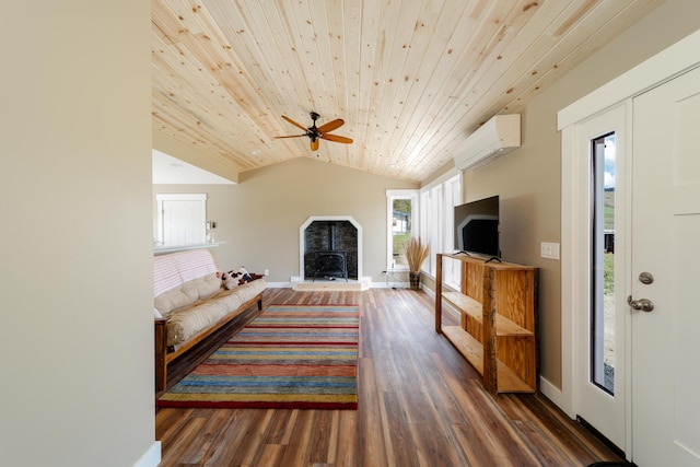 living area featuring baseboards, lofted ceiling, wooden ceiling, dark wood-style floors, and a wall mounted air conditioner