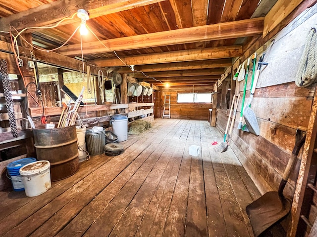 miscellaneous room featuring wood ceiling, hardwood / wood-style flooring, and beam ceiling