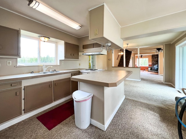 kitchen with sink, ceiling fan, light colored carpet, and kitchen peninsula