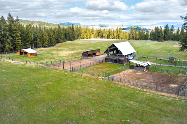 birds eye view of property featuring a mountain view and a rural view