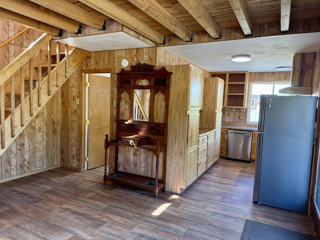 3305 Bradeen Rd, Rice, WA 99167 - kitchen with appliances with stainless steel finishes, dark wood-style floors, wooden walls, beamed ceiling, and open shelves