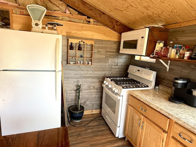 3305 Bradeen Rd, Rice, WA 99167 - kitchen featuring white appliances, wooden walls, dark wood-type flooring, vaulted ceiling, and wood ceiling