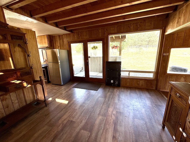 3305 Bradeen Rd, Rice, WA 99167 - entryway with french doors, wood walls, dark wood-style floors, and a wood ceiling with exposed beams