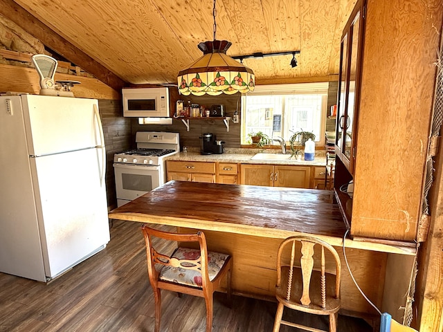 3305 Bradeen Rd, Rice, WA 99167 - kitchen featuring white appliances, dark wood-style flooring, wood ceiling, and wooden counters