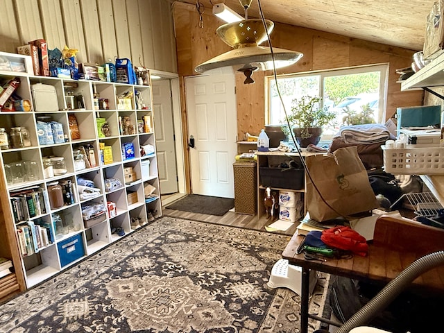 3305 Bradeen Rd, Rice, WA 99167 - office featuring vaulted ceiling, wood walls, and wood finished floors