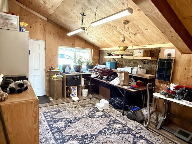 3305 Bradeen Rd, Rice, WA 99167 - office area with vaulted ceiling, wood finished floors, wood ceiling, and wooden walls