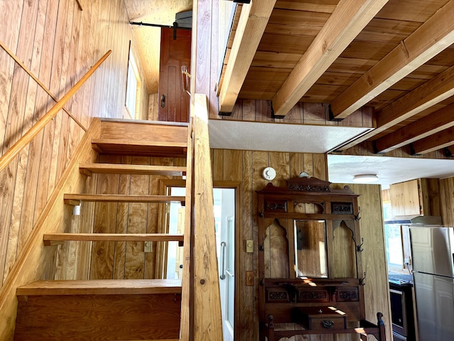 3305 Bradeen Rd, Rice, WA 99167 - stairway with wooden walls and a wooden ceiling with exposed beams