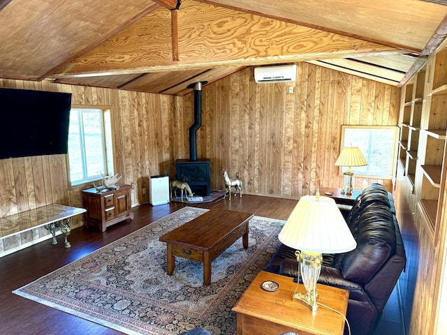 3305 Bradeen Rd, Rice, WA 99167 - living room with an AC wall unit, a wood stove, wood walls, and wood finished floors