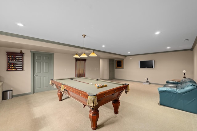 game room with crown molding, light colored carpet, and pool table