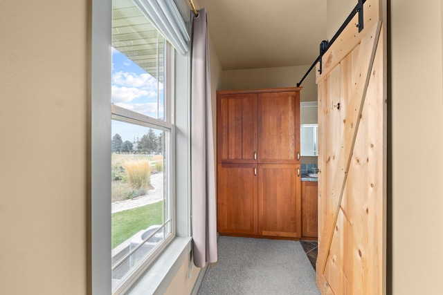 corridor with light colored carpet and a barn door