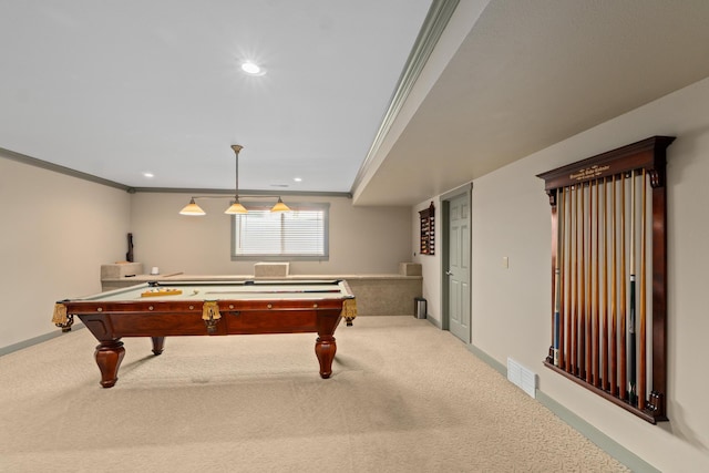 game room with crown molding, light colored carpet, and billiards