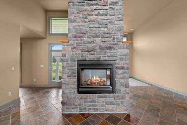 room details with a stone fireplace