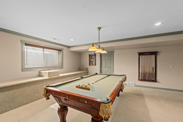 rec room with crown molding, light colored carpet, and pool table