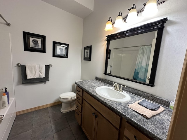 2122 Northport Flat Creek Rd, Kettle Falls, WA 99141 - bathroom with vanity, toilet, baseboards, tile patterned flooring, and shower / bath combo with shower curtain