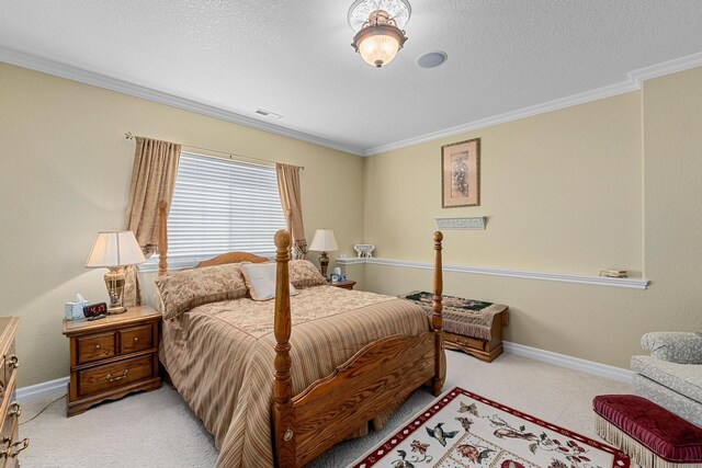 bedroom with light carpet, a textured ceiling, and ornamental molding