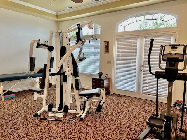 exercise room with a wealth of natural light, crown molding, and carpet floors