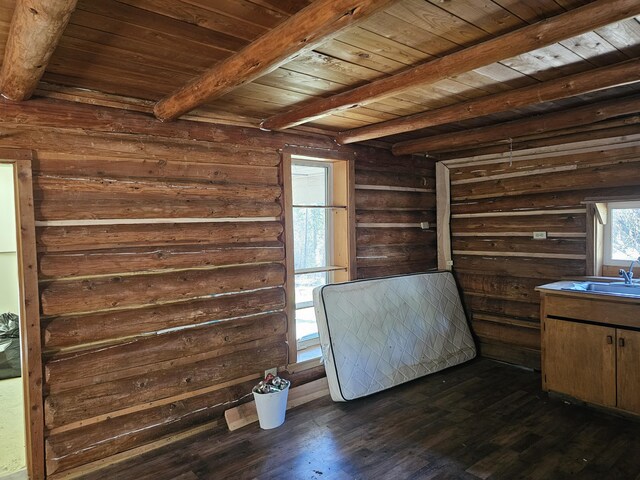3610 Sand Creek Rd, Kettle Falls, WA 99141 - interior space with wooden ceiling, beamed ceiling, log walls, and dark wood-style floors
