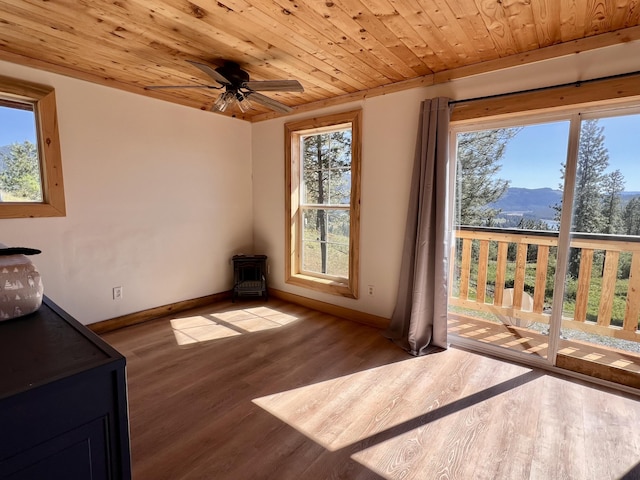 3705 Hope Way, Kettle Falls, WA 99141 - unfurnished bedroom with a wood stove, wood ceiling, baseboards, a mountain view, and access to outside