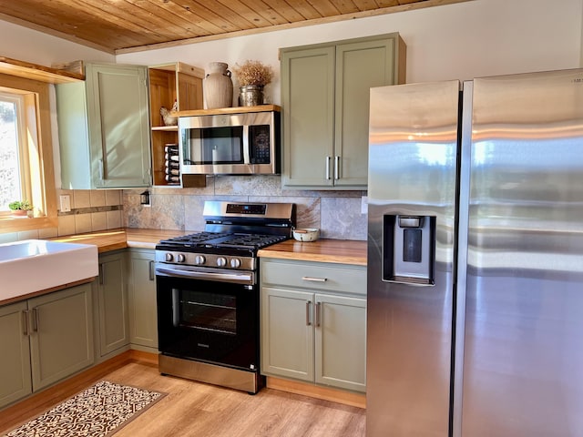 3705 Hope Way, Kettle Falls, WA 99141 - kitchen with stainless steel appliances, wood ceiling, gray cabinets, light wood-type flooring, and butcher block countertops