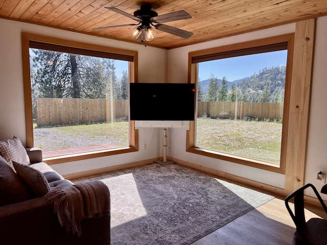 3705 Hope Way, Kettle Falls, WA 99141 - living room featuring wood ceiling, ceiling fan, and wood finished floors