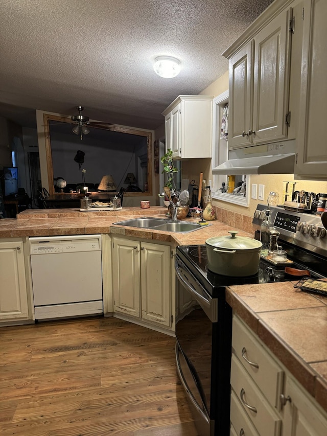 kitchen with sink, dishwasher, tile counters, light hardwood / wood-style floors, and stainless steel electric stove