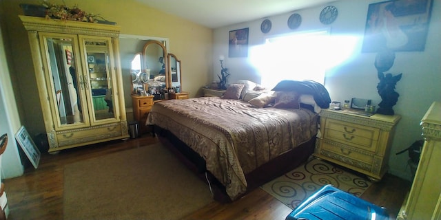 bedroom featuring lofted ceiling and dark hardwood / wood-style flooring