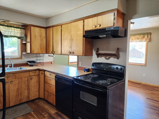 kitchen with sink, black appliances, dark hardwood / wood-style flooring, and a healthy amount of sunlight