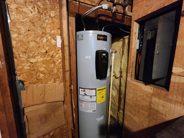 utility room with electric panel and water heater