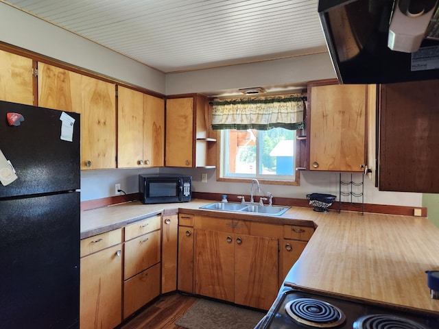 kitchen featuring sink, black appliances, range hood, and dark hardwood / wood-style floors