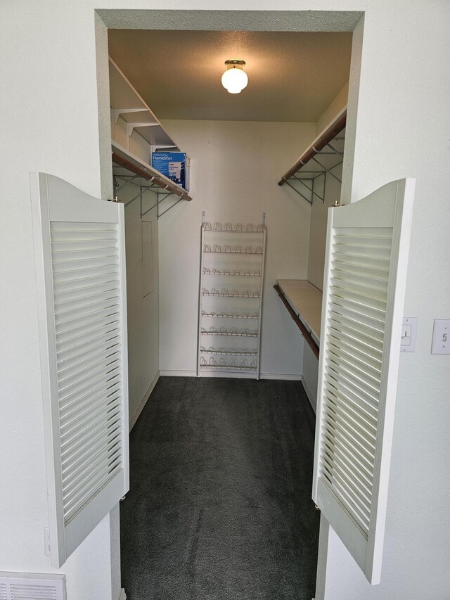 walk in closet with dark colored carpet