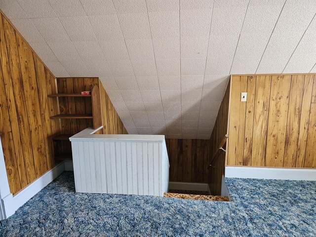 staircase with wood walls and carpet flooring