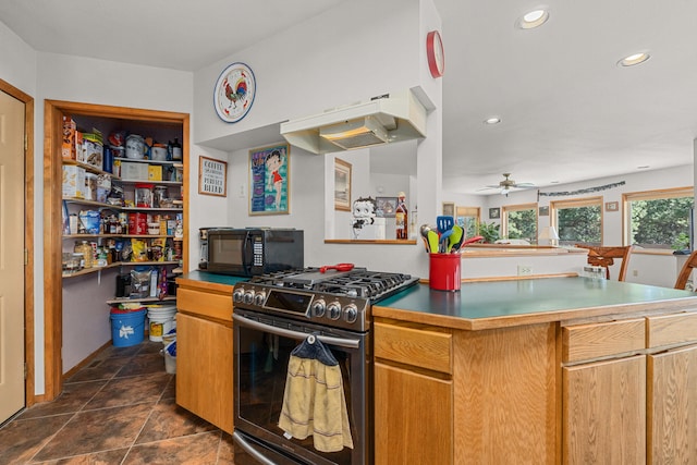 kitchen with ceiling fan, under cabinet range hood, black microwave, recessed lighting, and stainless steel gas stove