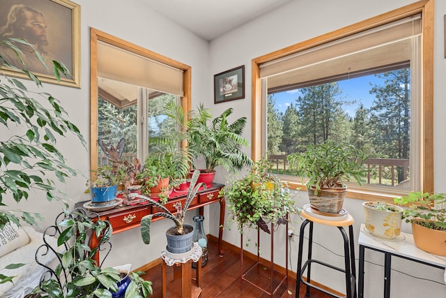 sunroom / solarium with baseboards and wood finished floors
