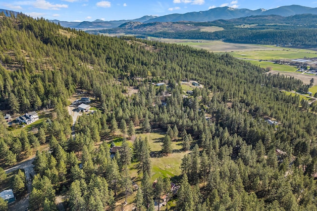 drone / aerial view featuring a mountain view and a view of trees