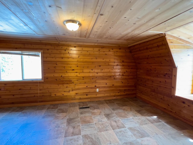 bonus room with wood ceiling, wood walls, and a wealth of natural light