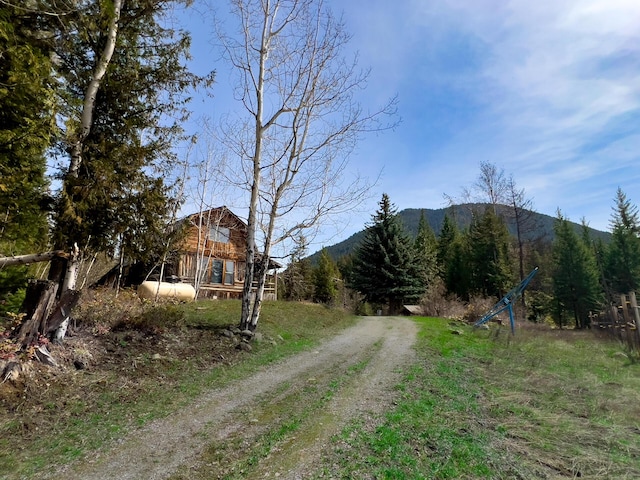 view of street with a mountain view and dirt driveway