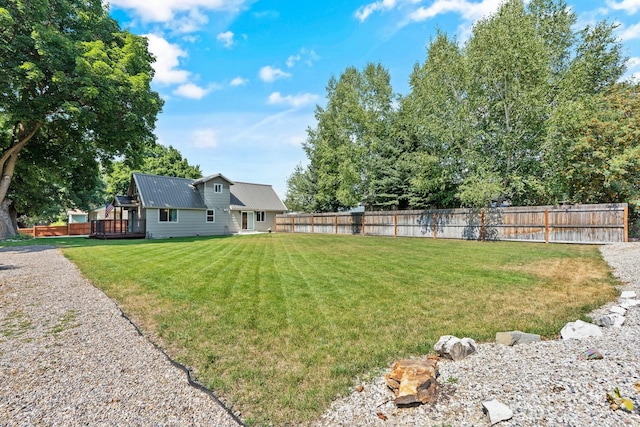 view of yard featuring a wooden deck and a fenced backyard
